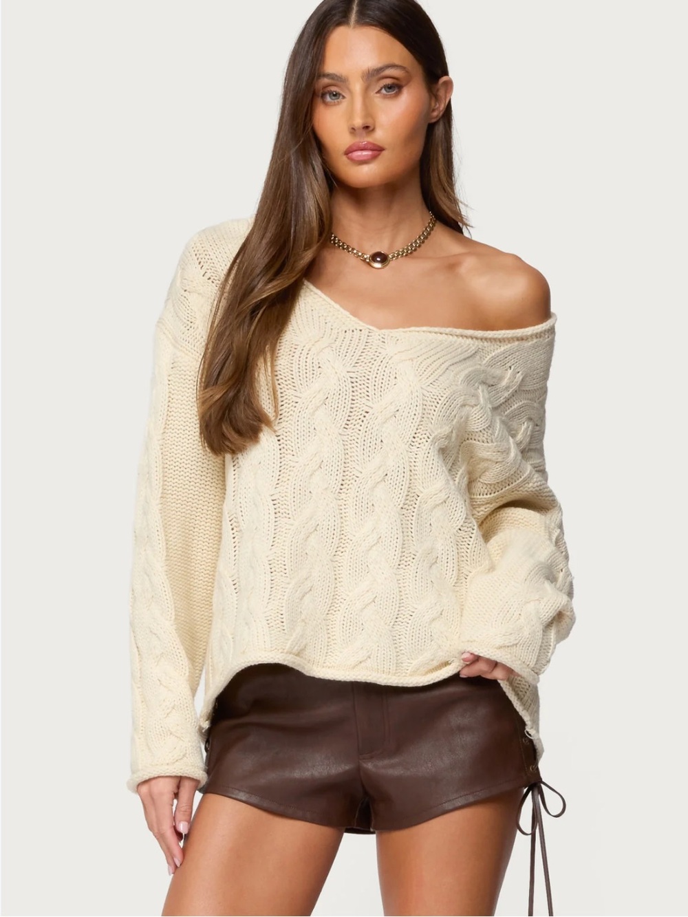 Edikted Inga Oversized Cable Knit V-Neck Sweater S NWT